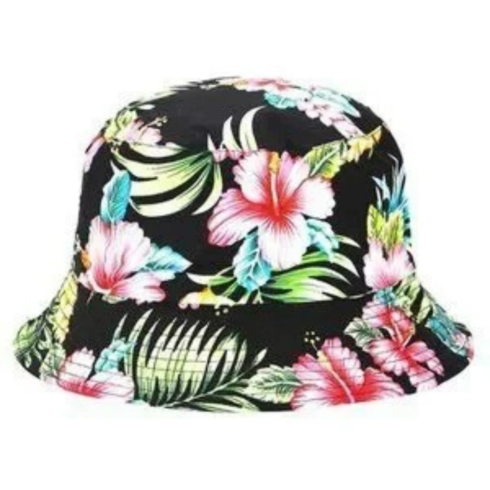 NWT Hawaiian Hibiscus Floral Print on Black Bucket Hat